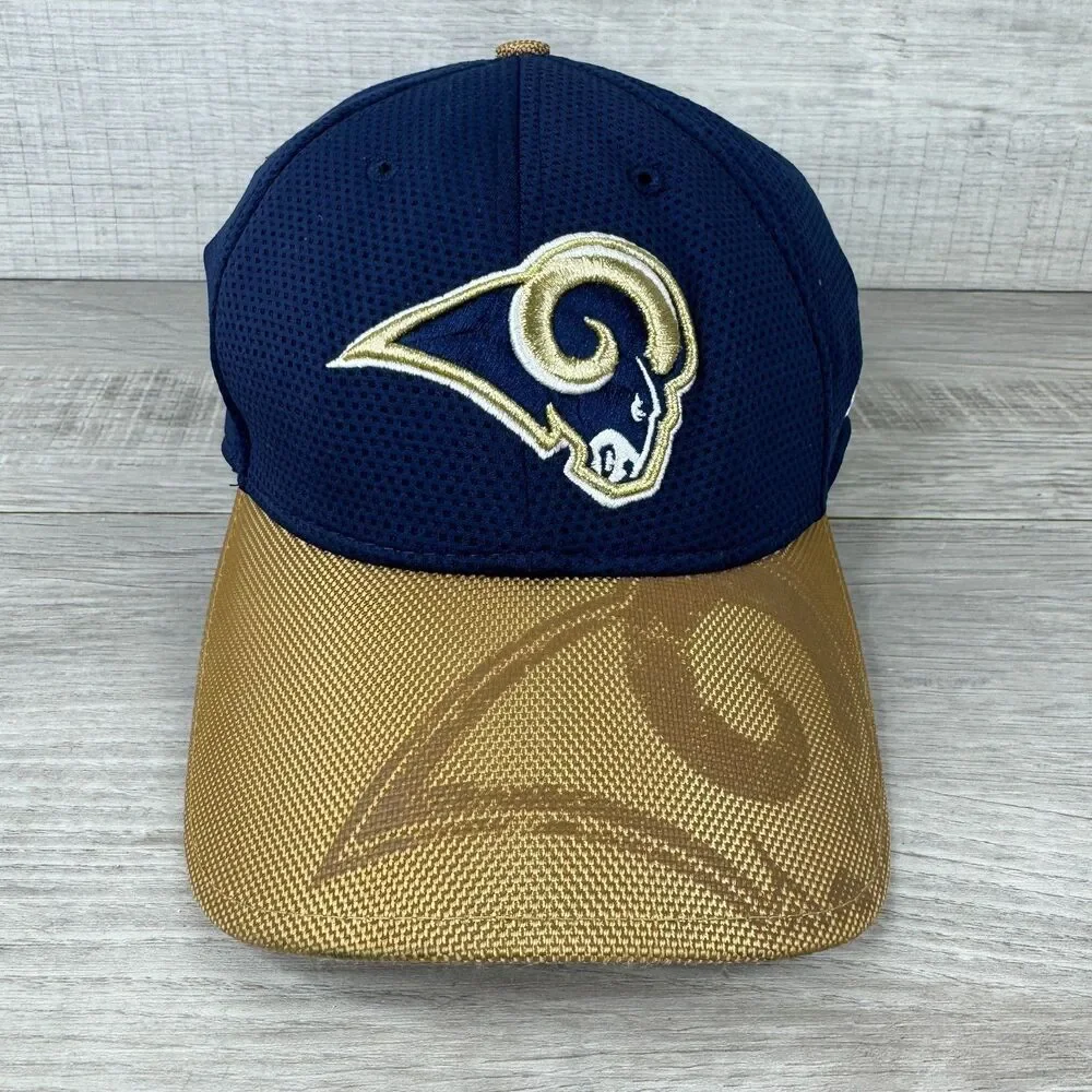 New Era 39Thirty Los Angeles Rams Cap Mens S-M Navy Blue Beige Mesh Fitted Hat